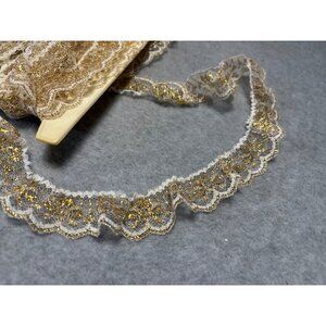 Vintage Gold & White Lace Trim 1.25" wide x 6 yards + 26" Scalloped Edge Sewing